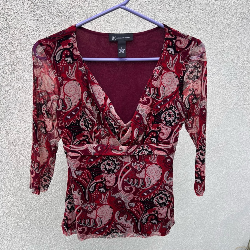 INC International Concepts Burgundy Paisley V-Neck Blouse
Y2K mesh fully lined